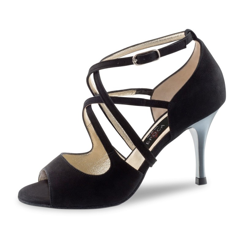 Riana - Chaussures de danse de salsa à doubles lanières nubuck noir et talon laqué - Nueva Epoca Riana - Chaussures de danse de salsa à doubles lanières nubuck noir et talon laqué - Nueva Epoca