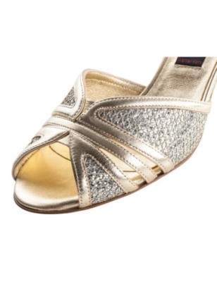 Scarlet LS - Chaussures de danse ouvertes dorées et brocart argentée à lanières croisées - Nueva Epoca