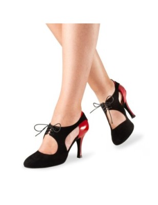Talia - Chaussures de danse fermées en daim noir à lacets et en cuir verni rouge - Nueva Epoca