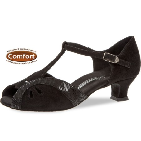 019-011-208 - Chaussures de danse en nubuck noir, semelle confort, talon bobine 4,2cm - Diamant
