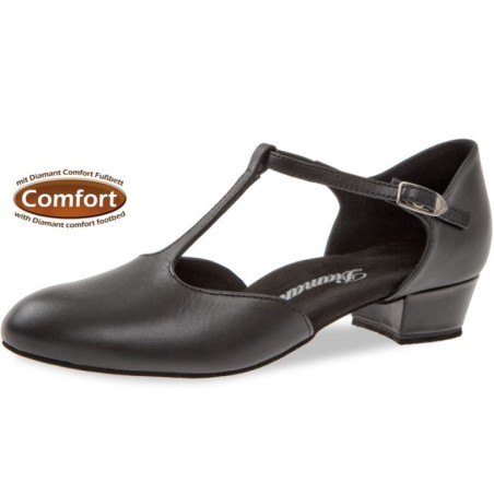 053-029-034 - Chaussures de danse en cuir noir, semelle confort, talon bloc 2,8cm - Diamant