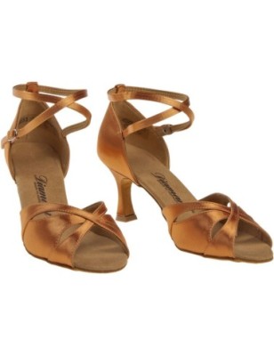 141-087-379 - Chaussures de danses latines en satin tan, talons flare 6,5cm - Diamant