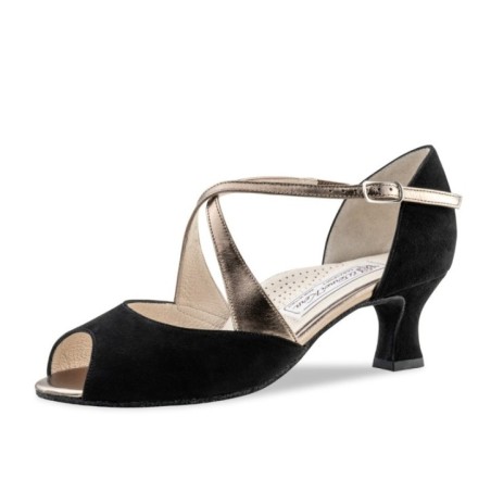 Gaby - Chaussures ouvertes pour femme en chevreau velours noir et lanière cuir antik - Werner Kern