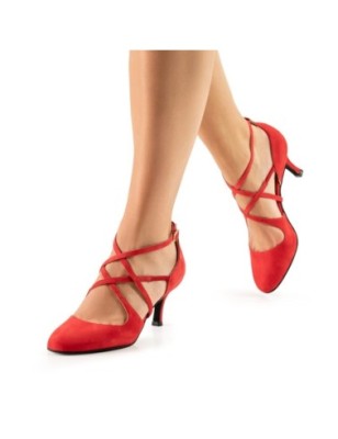 Marissa - Chaussures de danse double lanière croisée en cuir suede rouge - Nueva Epoca