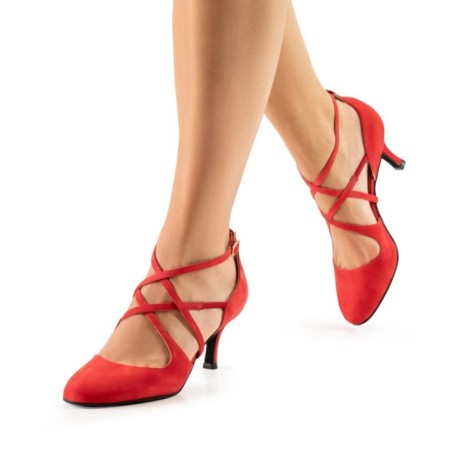 Marissa - Chaussures de danse double lanière croisée en cuir suede rouge - Nueva Epoca