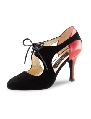 Talia - Chaussures de danse fermées en daim noir à lacets et en cuir verni rouge - Nueva Epoca