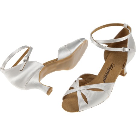 141-077-092-Y - Chaussures de danses latines en satin blanc, talon 5cm, Modèle VEGAN, semelle Variospin- Diamant