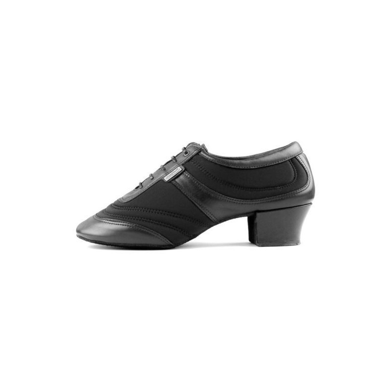 PD013 Leather - Chaussures pour homme noire cuir mat et néoprène à talon cubain de 4,5 cm - PortDance